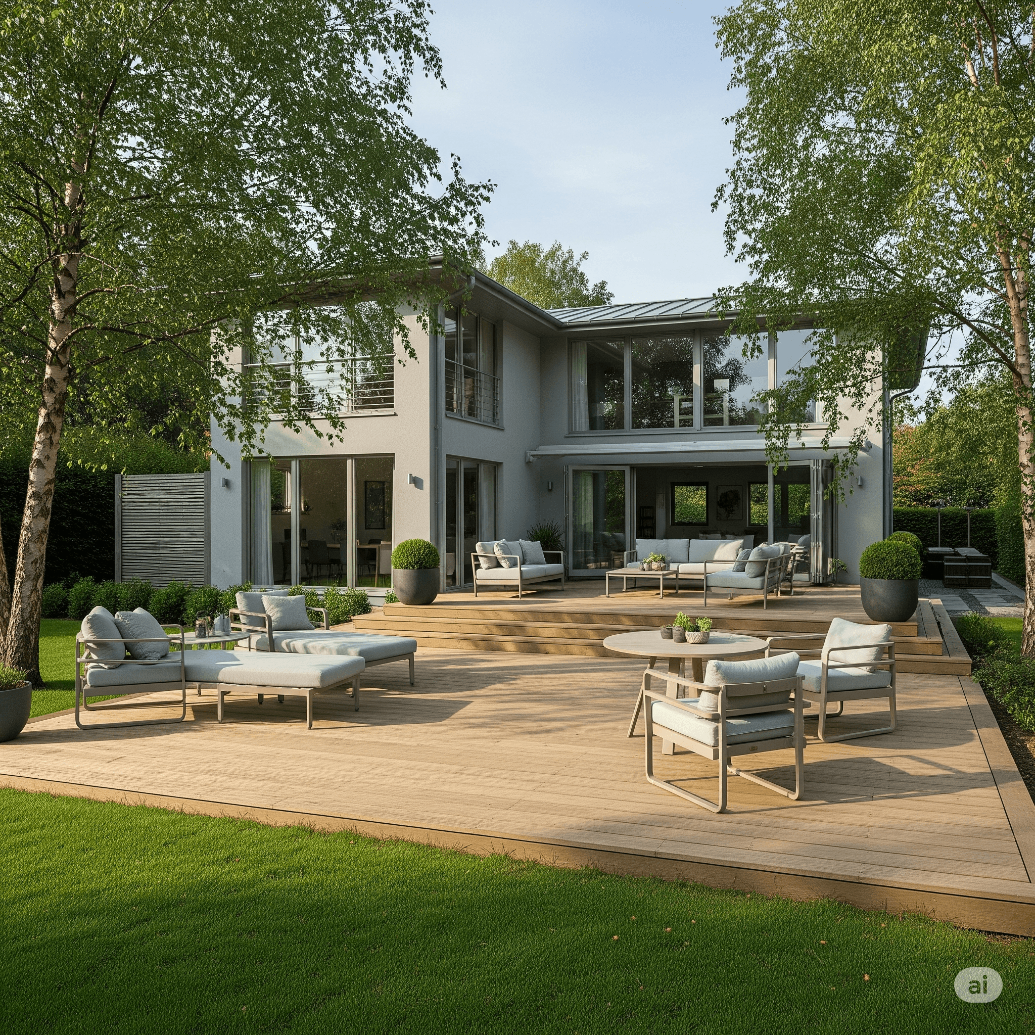 A modern custom deck in Denver featuring stylish furniture and a backdrop of the Rocky Mountains